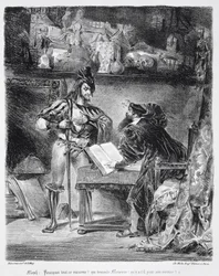 První setkání mezi Faustem a Mefistofelem: „Proč všechen ten hluk“, z Goethova Fausta, 1828, (ilustrace) (č. foto litografie)