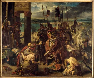 Čtvrtá křížová výprava: „“Dobytí Konstantinopole křížovými výpravami 12. 4. 1204““ Vjezd do města Baudouina IX z Flander (nebo Baudouina VI z Hainaut) známého jako Baudouin 1. z Konstantinopole (1171-1206), velitel křížové výpravy a dóžete Henri Dandolo