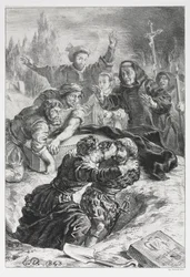 Hamlet: Hamlet a Laertes v hrobě Ofélie, 1843.