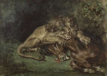 Lion dévorant un cheval (Lev požírající koně), c. 1844 (akvarel, tělová barva a arabská guma s grafitem na papíře, nalepeno na desku)