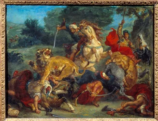 Lov na lvy. Obraz Eugene Delacroix (1798-1863)