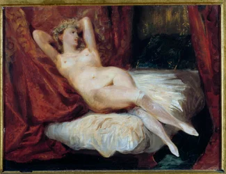 Studie nahé ženy ležící na pohovce, zvaná Žena v bílých punčochách. Obraz Eugèna Delacroixe (1798-1863)