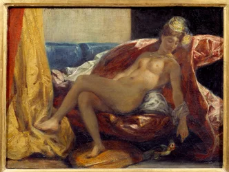 Žena vyřezává papouška. Obraz Eugene Delacroix (1798-1863)