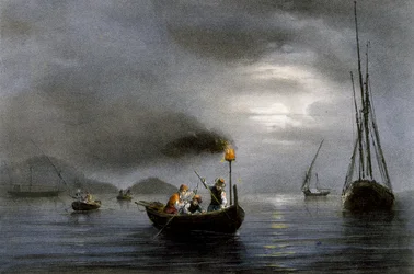 Noční rybolov u rybářské lampy, barevná litografie Ferdinanda Perrota (1808-1841)