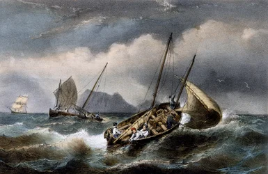 Lov sardinek podél pobřeží Bretogne, barevná litografie Ferdinand Perrot (1808-1841)
