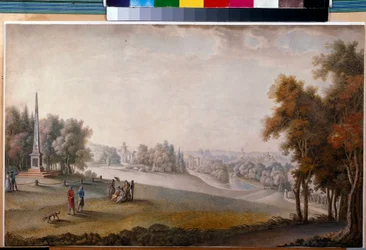 ""Pohled do parku v Carskoje Selo"" od Ferdinanda de Meys (?-cca 1810), akvarel, kvaš na papíře