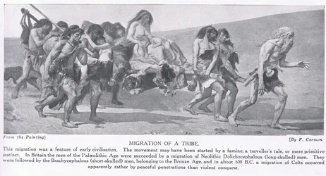 Stěhování kmene, ilustrace z knihy „Hutchinsonovy dějiny národů“, kolem roku 1910