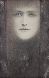 Maska s černou oponou, kolem roku 1909 (barevné křídy zvýrazněné bílou na papíře)