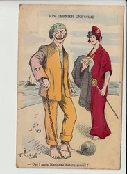 Pohlednice, satirická v barvách: Její poslední uniforma - Válka 14-18 - Marianne, Vilém II Ilustrace Gottlob (1873-1935)