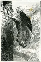 Báseň: "vyhodili ji z okna přímo do řeky". Ilustrace Filiberta Scarpelliho k pohádce "Les petits nains du bois" (Tři mládenci v lese) ze sbírky bratří Grimmů "Sněhurka a jiné pohádky".