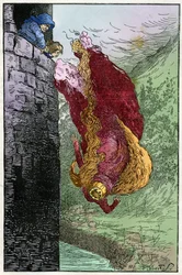 Ilustrace Filiberta Scarpelliho (1870-1933) k pohádce "I Nanini del Bosco" (Trpaslíci v lese) ze sbírky pohádek bratří Grimmů "Sněhurka a jiné pohádky" z roku 1920.