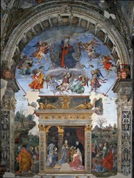 Nanebevzetí Panny Marie a pod sv. Tomášem Akvinským, který daruje Marii kardinál Oliviero Carafa Fresku od Filipínce Lippiho (1457-1504) 1488-1492 Řím, kostel Santa Maria sopra Minerva, kaple Carafa Itálie