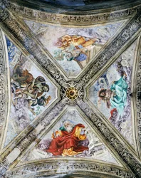 Fresky Filippina Lippiho (1457-1504) na kupoli, kaple Strozzi. Kostel Santa Maria Novella, Florencie, Itálie