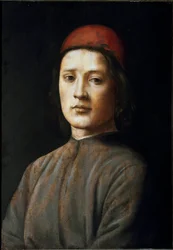 Portrét mladého muže s červeným kloboukem Obraz od Filipínce Lippiho (1457-1504) Florencie 15. století, Galleria degli Uffizi (kanceláře)