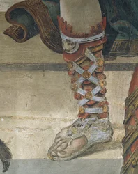 Saint Philip Driving Dragon z chrámu Hieropolis, detail obuvi, freska