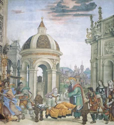 St John Evangelist Resuscitating Drusiana, detail Příběhů svatého Jana Evangelisty, od Filippino Lippi (1457-cca 1504), freska, bazilika Santa Maria Novella, kaple Strozzi, Florencie