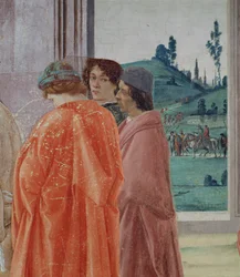 Spor se Simonem Mago a Ukřižování sv. Petra Detail tří postav sledujících Ukřižování, ústřední portrét pravděpodobně filipínského učitele Botticelliho, freska kolem roku 1480 viz také 6