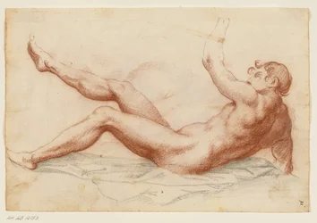 Prostrated male nude turned left leaning on his right arm and lifting his left arm and right leg up   1282627   cs       czech Successfully Translated  Original: Titelprent met opdracht aan en wapen van Cosimo II deMedici en voorstellingen van Rechtvaardig