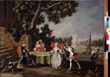 ""The Card Party"" Skupina italské šlechty hrající karty v zahradě. Obraz Filippa Falciatoreho (1718-1768) Puškinovo muzeum z 18. století, Moskva