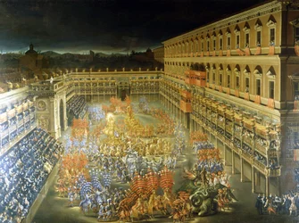 Hostina v Palazzo Barberini na počest Christine de Suede (Christine Švédská), 28. 2. 1656 Obraz Filippa Lauriho (1623-1694) a Filippa Gagliardiho (zemřel 1659). Řím 17. století, Muzeum Říma