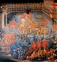 Fete v Palazzo Barberini na počest Christine de Suede (Christine ze Švédska), 28. 2. 1656 Detail. Obraz Filippo Lauri (1623-1694) a Filippo Gagliardi (zemřel 1659). Řím 17. století, Muzeum Říma