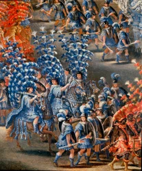 Fete v Palazzo Barberini na počest Christine de Suede (Christine ze Švédska), 28. 2. 1656 Detail. Obraz Filippo Lauri (1623-1694) a Filippo Gagliardi (zemřel 1659). Řím 17. století, Muzeum Říma