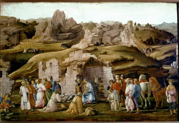 Klanění mudrců. kolem roku 1480. (Olej a tempera na dřevě)