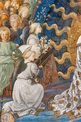 Andělé držící lilie, květiny, které jsou symbolem čistoty, detail Korunování Panny Marie