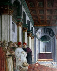 Cyklus o životě svatého Štěpána: “”Pohřeb svatého Štěpána”” (The esequie di santo Stefano) Detail. Freska od Filippa Lippiho (asi 1406-1469) 1452-1465 Prato, Cattedrale di Santo Stefano (Duomo) Itálie - Příběhy ze života svatého Štěpána. Pohřeb,