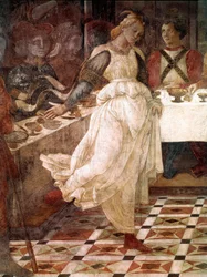 Hostina Heroda, výjevy ze života svatého Jana Křtitele (Jan Křtitel). Detail zobrazující Salome. Freska od Filippa Lippiho (1406-1469), kolem 1452-1464, katedrála v Pratu, Itálie