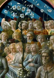 Korunování Panny Marie. Detail zpívajících andělů držících květy lilií. Postavou vpravo dole je svatý Jan Křtitel, patron Florencie. Malba (1457-1504)