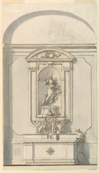 Kresba, Oltář se svatostánkem a dvěma kněžími v rozhovoru, 1750-75