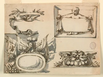Kresba, Rozeta, trofej, štítek, dekorativní motiv pro vlys, 1750-75