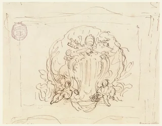 Kresba, Deska s erbem papeže Benedikta XIV. s mušlí na pozadí, 1740-58