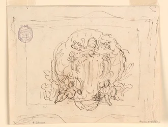 Kresba, Deska s erbem papeže Benedikta XIV. s mušlí na pozadí, 1740-58