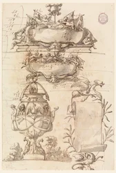 Kresba, Dvě rozety, dekorativní váza a svitek, 1750-75