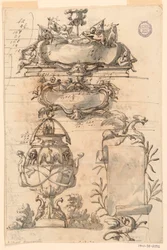 Kresba, Dvě rozety, dekorativní váza a svitek, 1750-75