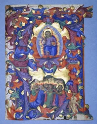 Velké historické „A“ s vyobrazením Nanebevstoupení, kolem roku 1450