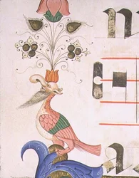 Misál 515 f.120v Groteskní pták s lidskou hlavou, detail ozdobného okraje ze sborové knihy provedené před rokem 1449 (vellum)