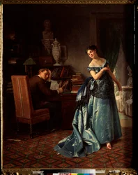 Módní dáma, příprava na ples - obraz Firse Sergejeviče Zhuravieva (1836-1901), olej na plátně