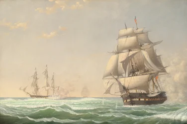 Fregata Spojených států „Prezident“ angažující britskou eskadru, 1815