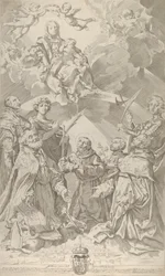 Svatí patroni Boloně hledí vzhůru na Pannu, která sedí v oblacích s..., 1640-50.