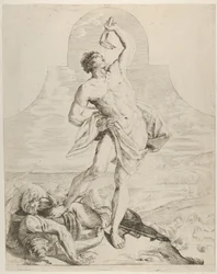 Samson drží čelist osla nad hlavou a stojí vedle Philis..., ca. 1640-60.