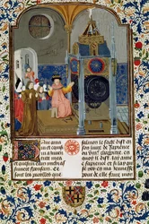 2095 Fr. 455 f.9 Domácnost obdivující mistry vzácné hodiny z pojednání o morálce, pol. 15. stol.