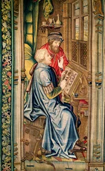 Písař, který píše účet, detail z Převozu archy úmluvy, z tapisérie Davida a Batšeby, kolem 1510-15