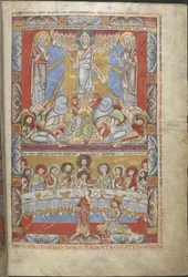 Přidat. 17738, f.4 Celostránková miniatura ve dvou rejstřících, Proměnění Krista a Poslední večeře, ilustrace z 