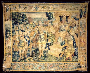Katedrála. Interiér. Vlámský gobelín. Historie Judy Makabejského (?). Původ Oudenaarde. Neidentifikované značky vpravo dole. Přibližně 1575-1610.