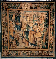 Pokladnice muzea Conques (Le Trésor de Conques). Vlámský gobelín. Historie Sainte Foy (?). Texty: DASIAN, S+PRIME, S+eVAPRAISE. 16. století (?).