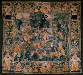 Vlámský gobelín. Lov na jelena (Lov jelena). Ateliér Oudenaarde. Rozměry 295 x 331 cm. Inv (82941)-1 / SOUKROMÉ. 17. století.