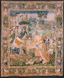 Vlámský gobelín. Alexandrovi je nabídnuta koruna (Alexandrovi je nabídnuta koruna). Ateliér Oudenaarde. Rozměry 384 x 316 cm. Inv (83024)-5 / 00009. 17. stol.